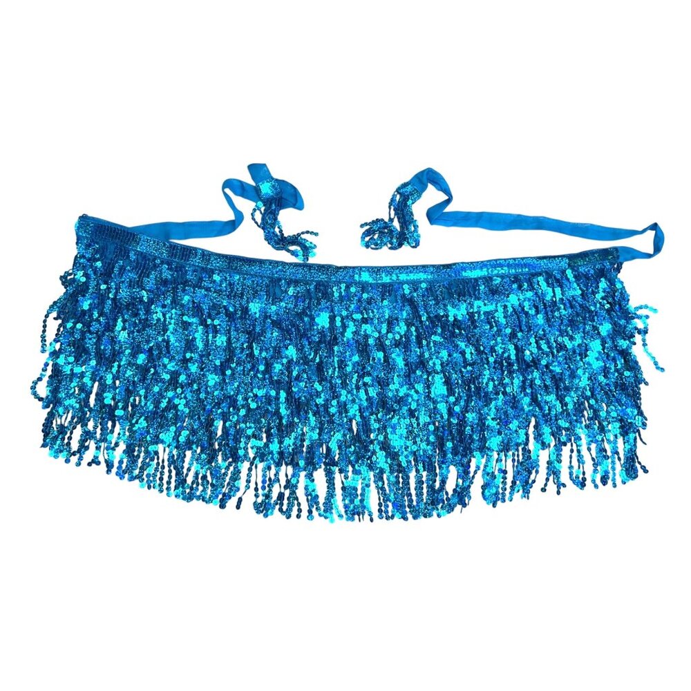 Bright Blue Sequin Belly Dance Hip Scarf Fringe Tassel Halloween Costume sparkle